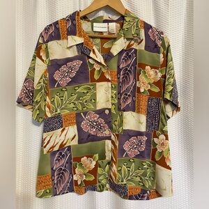 Alfred Dunner floral tropical square pattern button down short sleeve blouse 12